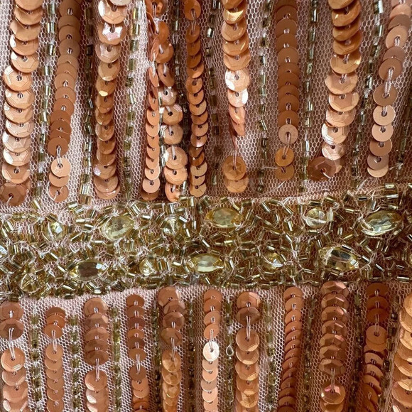 Mac Duggal Sequined Striped Sleeveless V Neck A Line Gown in Apricot - Size 14 - Picture 9 of 11